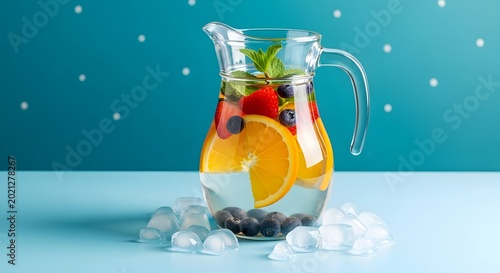 Fresh fruit infused water in glass pitcher with ice