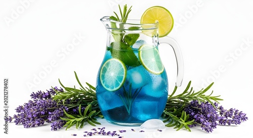 Blue cocktail with lemon and herbs