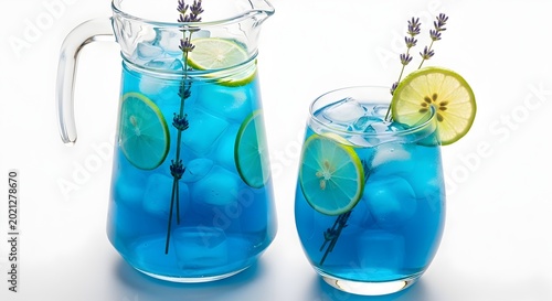 Blue cocktail pitcher and glass with lemon and lavender