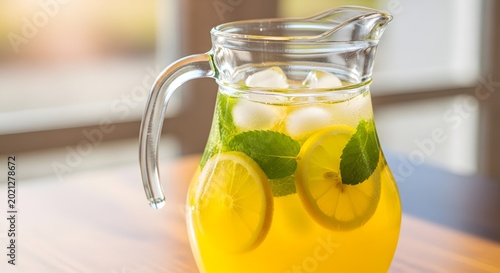 Glass pitcher of refreshing lemonade with mint and ice
