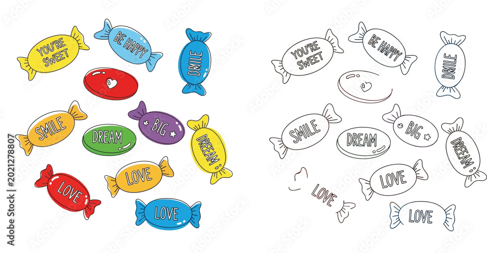 Obraz premium Cute Sweet Candies with Motivational Quotes Color and Line Art Outline Set for Coloring Book Vector