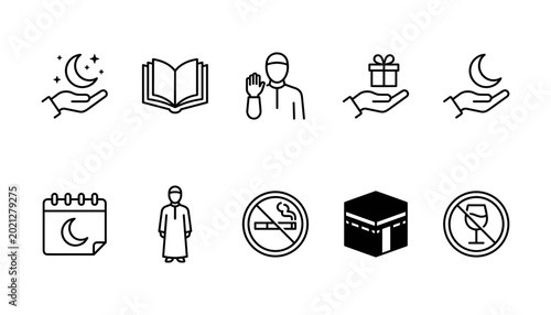 Photos Islamic icons in a grid during Ramadan with crescent moon and Kaaba symbols for