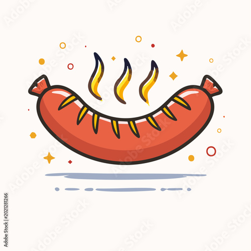Cartoon Sausage with Steam and Sparkles