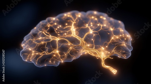 Dopamine pathway diagram rendered as luminous gold circuits threading through a stylized limbic system, warm amber tones contrasting a deep navy background in an elegant science visualization,