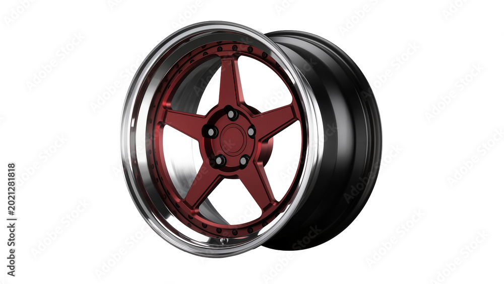 Naklejka premium Shiny chrome and deep red five-spoke car wheel rim, isolated on transparent background