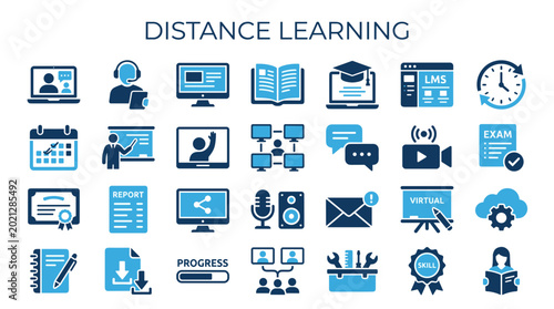 Distance learning icons set representing online education, virtual classrooms, and digital study tools for remote education and e-learning concepts