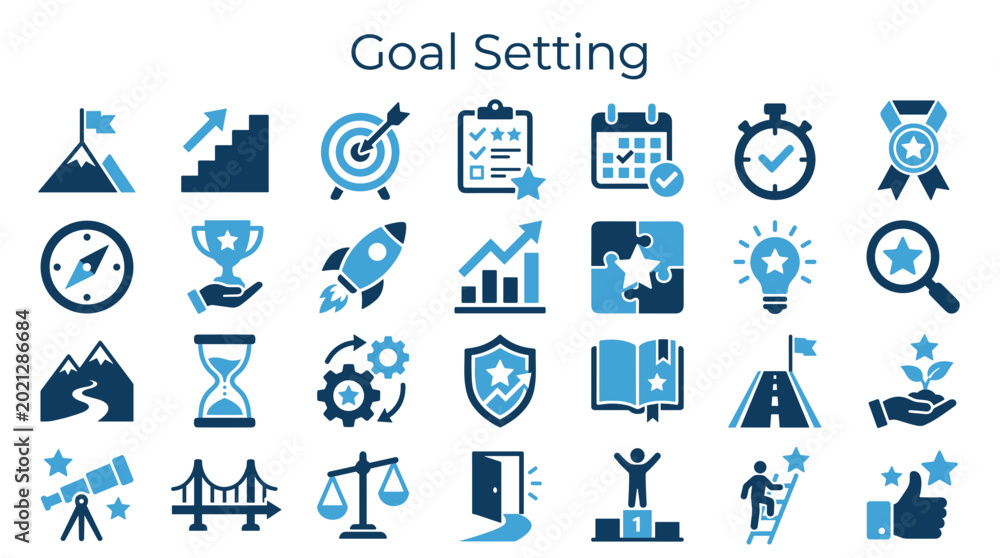 Fototapeta premium Goal setting success strategy business concept icons with elements like mountains targets stairs calendar stopwatch and trophies representing achievement and progress