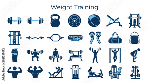 Photos Diverse collection of weight training equipment and exercises icons representing