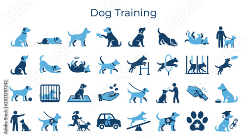 Foto Dog training icons collection showing obedience commands and activities with pet