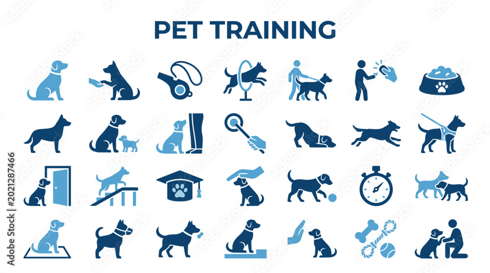 Fototapeta premium Diverse collection of dog training icons and illustrations representing obedience commands and pet care activities