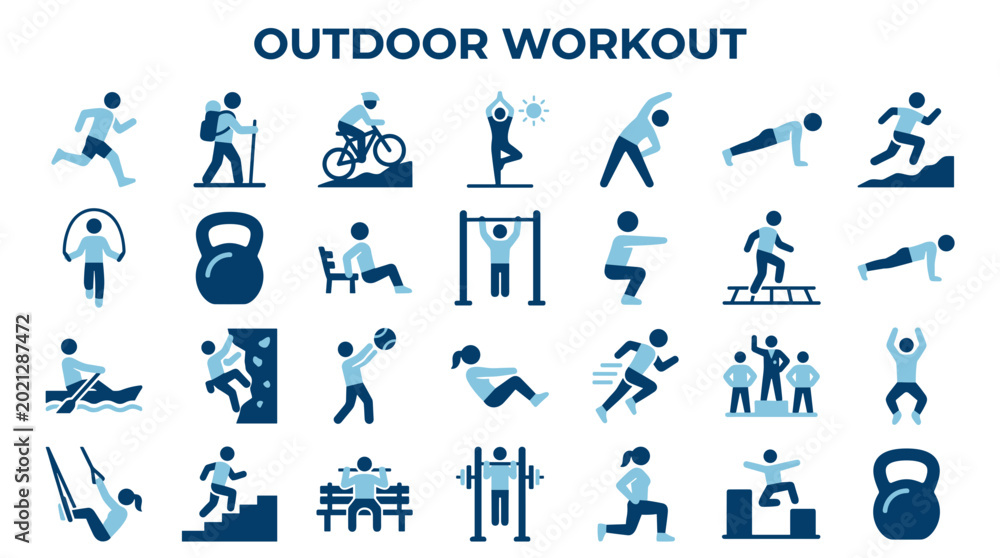 Fototapeta premium Collection of outdoor workout icons and illustrations representing various fitness activities and sports for a healthy lifestyle concept