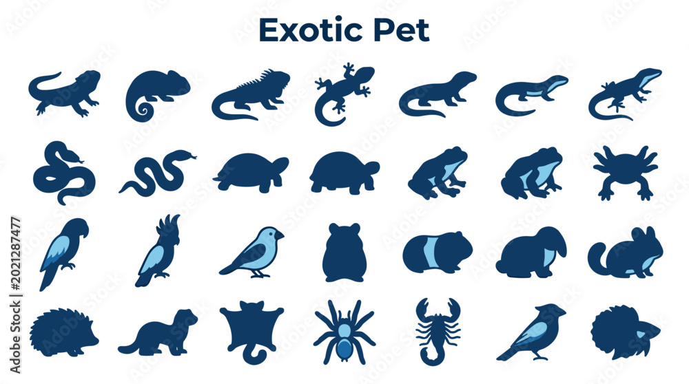Fototapeta premium Collection of exotic pet silhouettes including reptiles birds mammals and insects represented in a clean graphic style