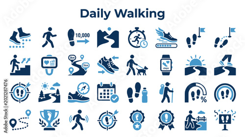 Photos Daily walking icons set for health and fitness tracking with steps, distance, ti