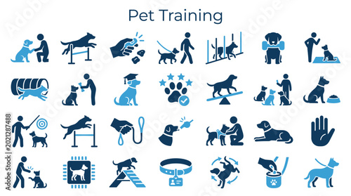 Tableau sur toile Collection of Dog Training and Pet Care Icons Illustrating Obedience Commands an