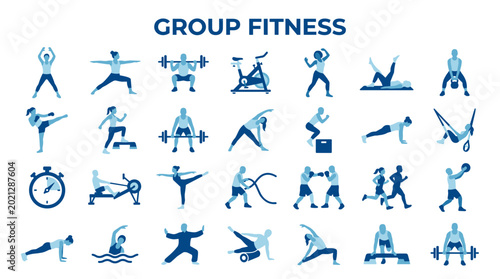 Tableau sur toile Group fitness and exercise icons representing a healthy active lifestyle with di