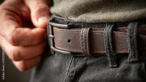 Man Adjusting Leather Belt