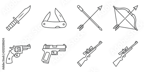 Quadro su tela Weapons and shooting defense linear icons set including tactical knife, penknife, bow, revolver and sniper rifle