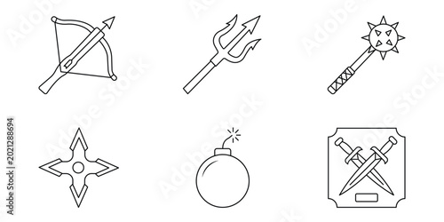 Obraz na płótnie Weapons and defense linear icons set showing spiky bat, flail, morning star, bazooka and tank