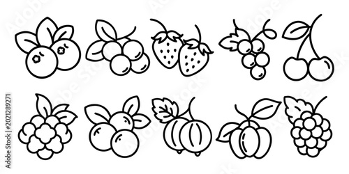 Berry Line Icon Set. Collection of black and white berry icons including strawberries, blueberries, cherries, and grapes