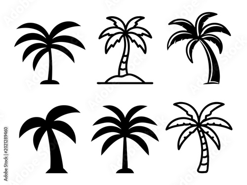 Tropical Palm Tree Silhouettes set. Various styles of palm tree icons, including solid black silhouettes and linear designs for summer or travel themes