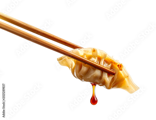 Savory dumpling with rich dripping sauce held by wooden chopsticks.