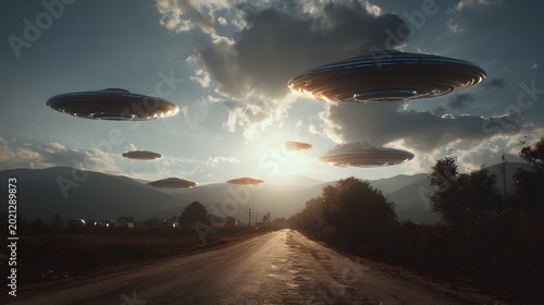 Multiple unidentified flying objects descend over a rural landscape at sunset