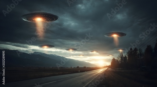 Multiple alien spacecraft descend from stormy skies over a rural landscape