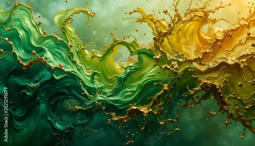 Vibrant green and gold fluid art background.