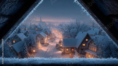 Cozy Winter Village Scene at Dusk Through Frosted Window