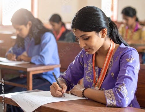 An Indian girl appearing for an exam in a crowded examination hall 