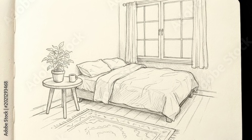 A detailed pencil sketch of a cozy bedroom interior featuring a bed, a nightstand with a plant and a mug, and a window with curtains