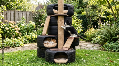 Outdoor cat tree tower made from recycled tires and sisal rope.