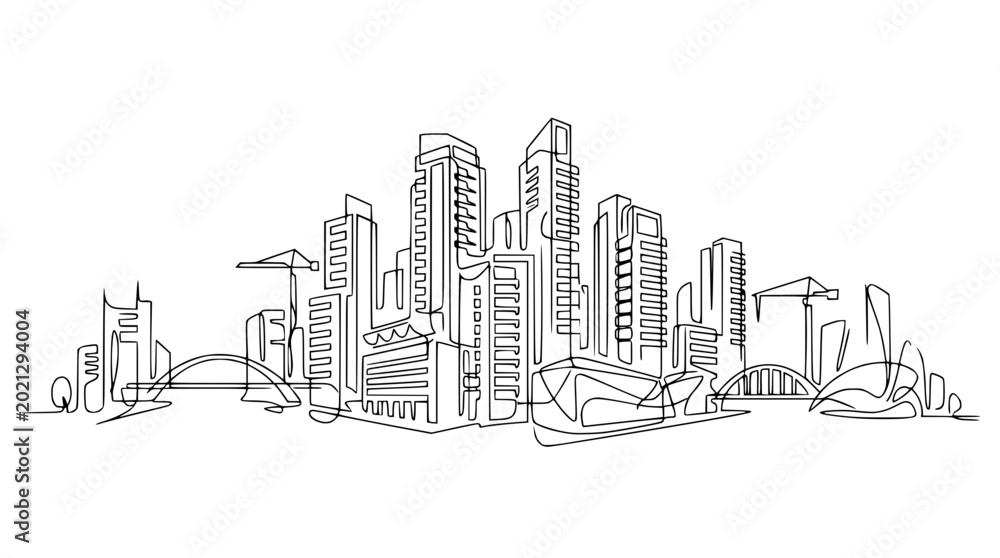 Fototapeta premium Continuous Line Drawing of a Modern Cityscape with Skyscrapers and Bridges