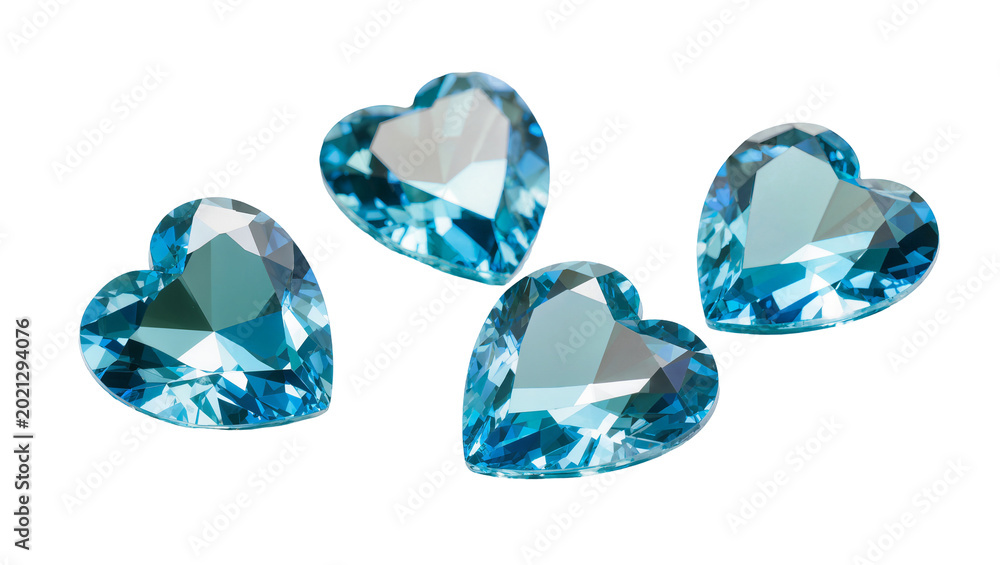 Fototapeta premium Four faceted aquamarine heart-shaped gemstones, isolated on transparent background
