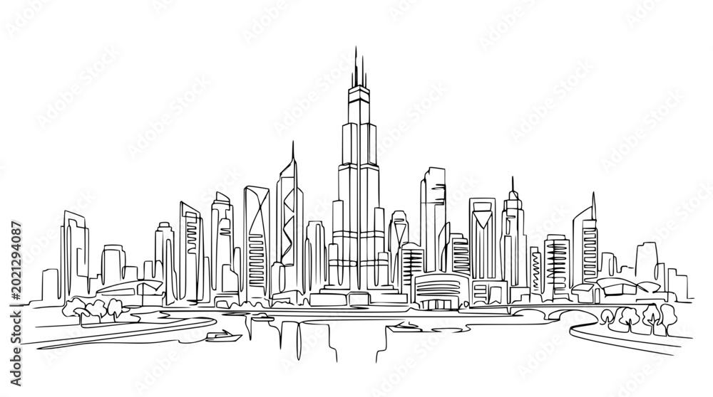 Naklejka premium Dubai Skyline Sketch - Modern Cityscape Hand-Drawn Illustration
