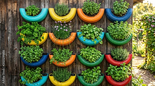 Vertical herb garden in colorful recycled tires on wall.