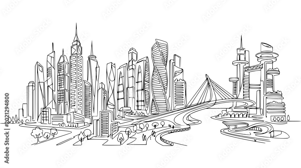 Obraz premium Modern City Skyline Sketch - Futuristic Architecture and Bridge