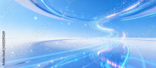 Dynamic blue light trails creating a flowing, abstract digital data stream on a bright technological background. Representing speed, connectivity, and futuristic innovation with vibrant energy