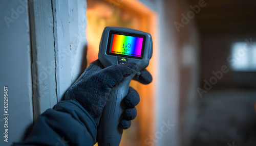 Hand with glove uses thermal imager scanner to detect heat loss in house walls. Professional checks insulation, drafts, temperature, and window gaps for energy efficiency. Home inspection for maintena