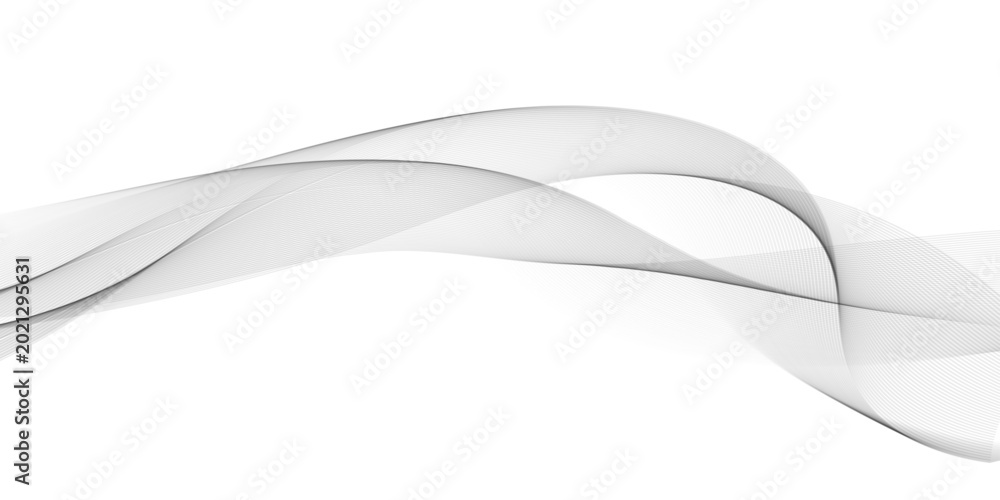 Obraz premium Abstract illustration featuring flowing shapes. Gray, black waves on white background. Minimalist design, wavy lines. Modern style, 3D render. Horizontal banner. Creative concept. Ideal for tech,