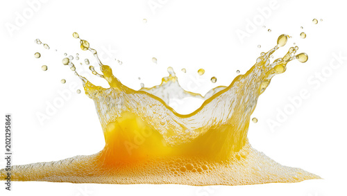 Foto Bright yellow liquid splash with droplets and foam, isolated on transparent back