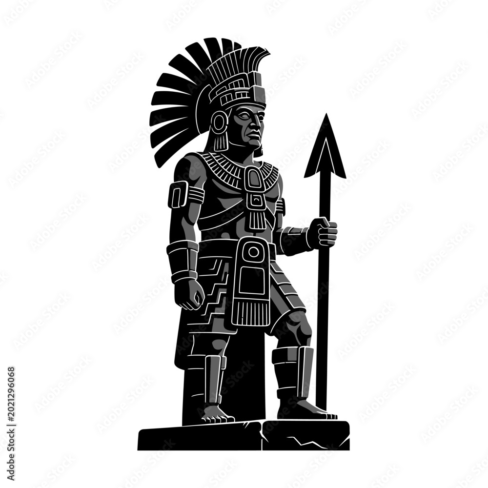 Obraz premium Detailed Aztec Warrior Illustration with Spear and Headdress.