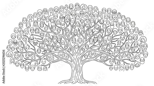 Konstfotografi Family tree illustration with portraits of ancestors as leaves.