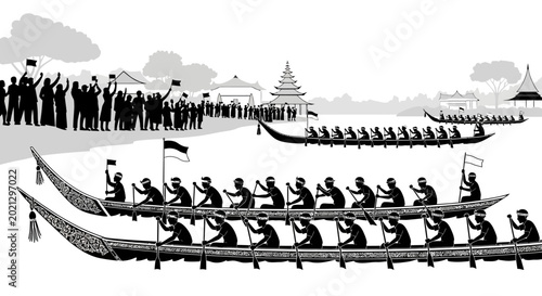Photos Vintage Illustration of Traditional Southeast Asian Dragon Boat Racing Competition