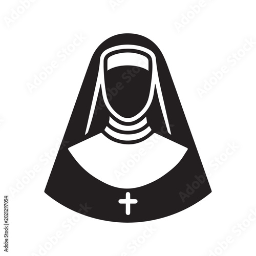 Foto Nun Icon Silhouette in Habit With Cross Symbol, Religious Catholic Woman Illustr