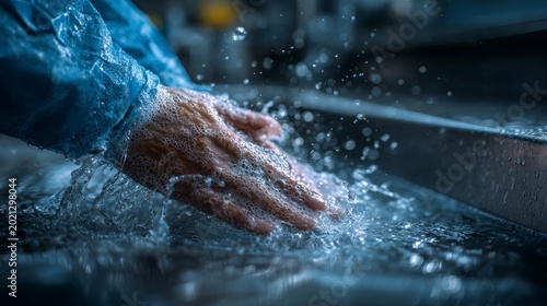Close-up of hands washing in sterile surgical environment
