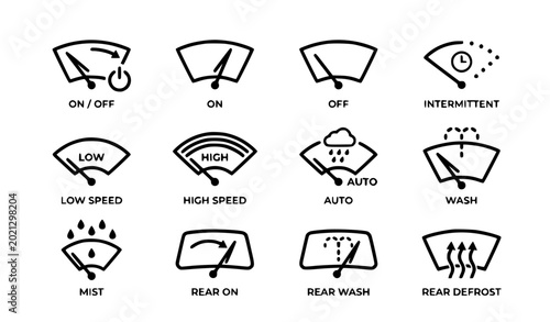 Fotografía Minimal windshield wiper icon set rain cleaning system car dashboard symbols vec