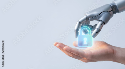 AI cybersecurity strategy concept with robot hand and human hand holding glowing lock symbolizing secure technology