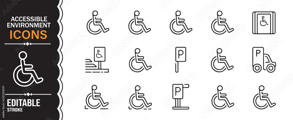 Naklejka premium Inclusive accessibility line icons pack with parking elevator and mobility symbols vector
