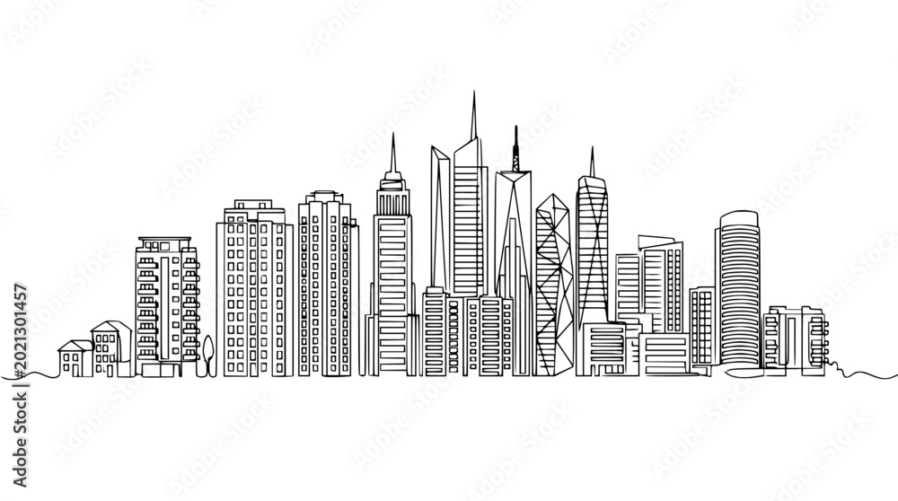 Fototapeta premium Modern City Skyline One Line Drawing, Urban Landscape Sketch